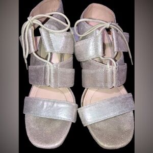 Nina “Alvira” Ghillie, silver metallic block heels. Sz 6